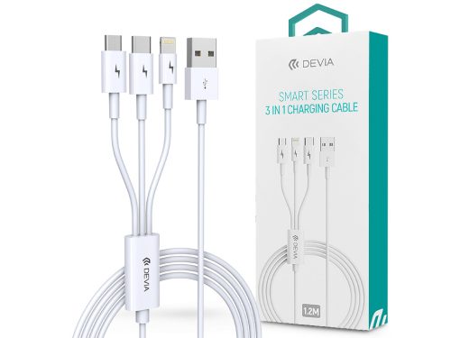 Devia USB töltőkábel 1,2 m-es vezetékkel - Devia Smart Series 3in1 for          Lightning/Android/Type-C - 2A - white