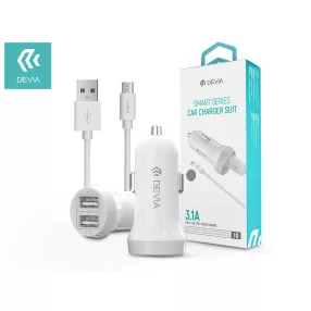  Devia 2xUSB szivargyújtó töltő adapter + USB - micro USB kábel 1 m-es vezetékkel- 15W - Devia Smart Series Dual USB Quick Charge - fehér