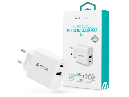 Devia hálózati töltő adapter Type-C + USB bemenettel - 20W - Devia Smart Series PD3.0 + QC3.0 - Qualcomm Quick Charge 3.0 - white