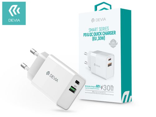 Devia hálózati töltő adapter Type-C + USB bemenettel - 30W - Devia Smart Series PD3.0 + QC3.0 Quick Charger - fehér