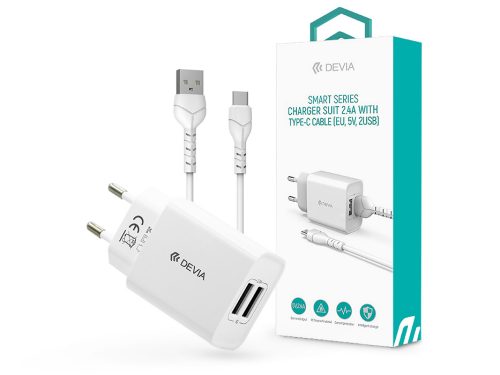 Devia 2xUSB hálózati töltő adapter + USB - Type-C kábel 1 m-es vezetékkel - 12W - Devia Smart Series Charger Suit With Type-C Cable - fehér