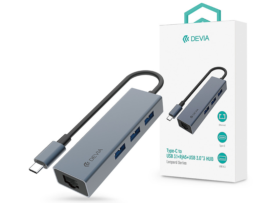 Devia USB Type-C - USB 3.1 + RJ45 + 3xUSB 3.0 elosztó/adapter - Devia Leopard Series 5 in 1 Hub - szürke