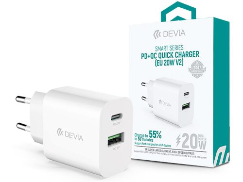 Devia hálózati töltő adapter Type-C + USB bemenettel - 20W - Devia Smart Series PD3.0 + QC3.0 Quick Charger V2 - fehér