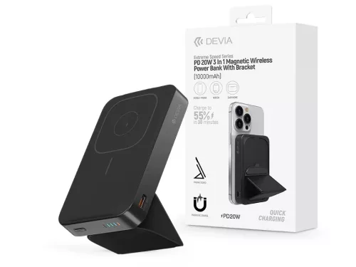 Devia Extreme Speed Series 3in1 Magnetic Wireless PD 20W powerbank/állvány - 10.000 mAh - fekete