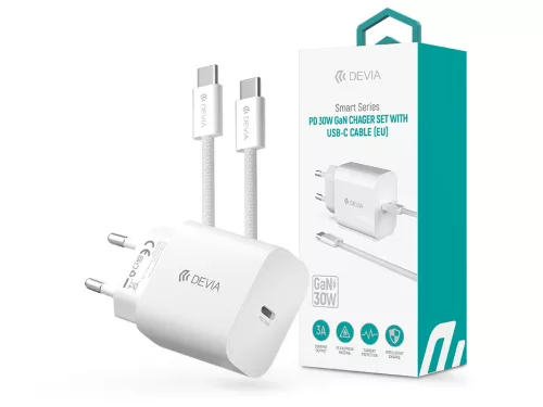 Devia Smart Series 30W GaN PD+QC hálózati gyorstöltő adapter + Type-C/Type-C kábel - fehér