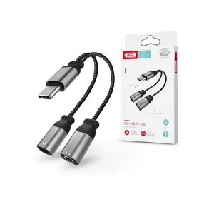   XO Type-C - 3,5 mm jack audio + Type-C töltő adapter - XO NB-R160B 2in1 Audio   Adapter cable Type-C to Type-C - fekete/szürke