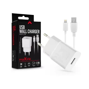   Maxlife USB hálózati töltő adapter + USB - Lightning kábel 1 m-es vezetékkel -  10W - Maxlife MXTC-01 USB Wall Charger - fehér