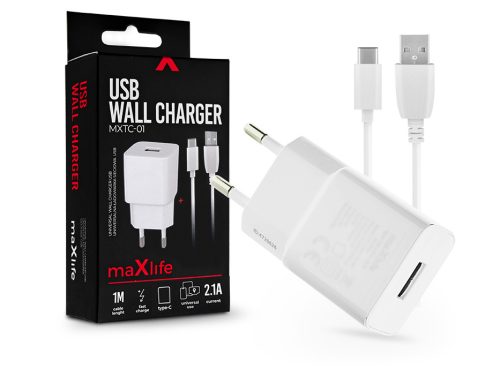 Maxlife USB hálózati töltő adapter + USB - Type-C kábel 1 m-es vezetékkel - 10W - Maxlife MXTC-01 USB Wall Charger - fehér