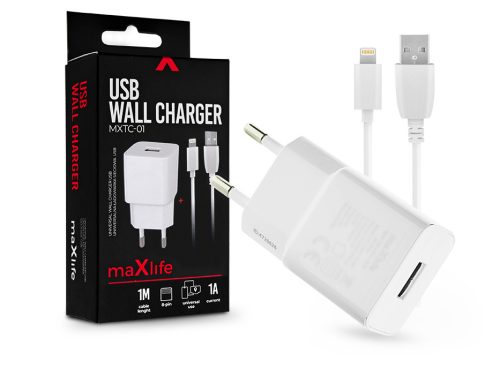 Maxlife USB hálózati töltő adapter + USB - Lightning kábel 1 m-es vezetékkel -  5W - Maxlife MXTC-01 USB Wall Charger - fehér