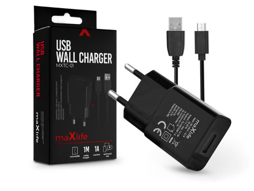 Maxlife USB hálózati töltő adapter + USB - micro USB kábel 1 m-es vezetékkel -  5W - Maxlife MXTC-01 USB Wall Charger - fekete