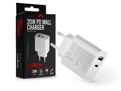 Maxlife hálózati töltő adapter Type-C + USB bemenettel - 20W - Maxlife MXTC-05  Wall Charger PD3.0  - fehér