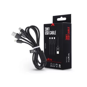   Maxlife 3 in 1 10W Lightning/microUSB/Type-C USB Cable töltő- és adatkábel 1m - fekete