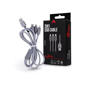   Maxlife 3 in 1 10W Lightning/microUSB/Type-C USB Cable töltő- és adatkábel 1m - ezüst