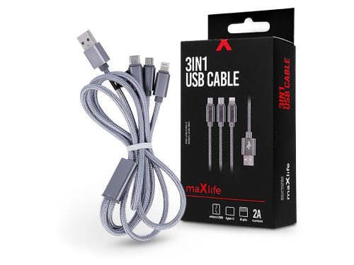 Maxlife USB töltő- és adatkábel 1 m-es vezetékkel - Maxlife 3in1 for            Lightning/microUSB/Type-C USB Cable - 5V/2A - ezüst