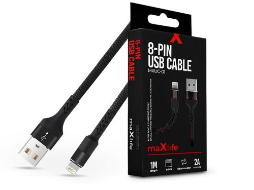 Maxlife USB - Lightning adat- és töltőkábel 1 m-es szövet vezetékkel - Maxlife  MXUC-01 8-PIN USB Cable - 5V/2A - fekete