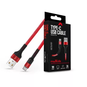  Maxlife USB - USB Type-C adat- és töltőkábel 1 m-es szövet vezetékkel - Maxlife MXUC-01 USB Type-C Cable - 5V/2A - piros/fekete