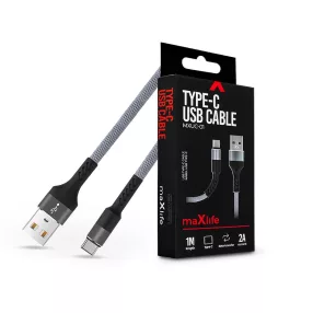   Maxlife USB - USB Type-C adat- és töltőkábel 1 m-es szövet vezetékkel - Maxlife MXUC-01 USB Type-C Cable - 5V/2A - szürke/fekete