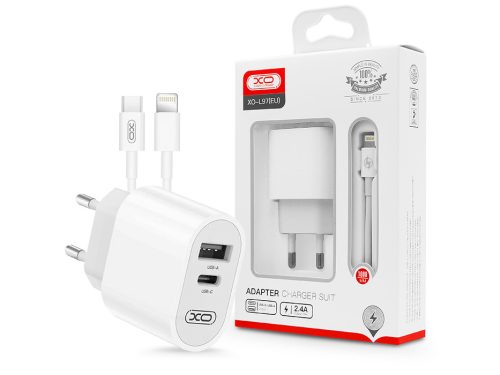 XO hálózati töltő adapter Type-C + USB bemenettel + Type-C - Lightning kábel -  12W - XO L97 Adapter Charger Suit - fehér