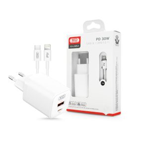   XO hálózati töltő adapter Type-C + USB bemenettel + Type-C - Lightning kábel -  30W - XO L96 Quick Charger Suit PD.3.0, QC3.0 - fehér
