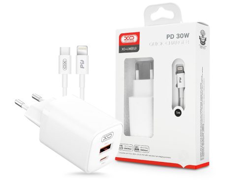 XO hálózati töltő adapter Type-C + USB bemenettel + Type-C - Lightning kábel -  30W - XO L96 Quick Charger Suit PD.3.0, QC3.0 - fehér