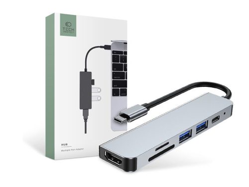 Tech-Protect USB Type-C + 1xUSB 3.0 + 1xUSB 2.0 + HDMI + kártyaolvasó elosztó/adapter - Tech-Protect V4 6 in 1 Hub - szürke