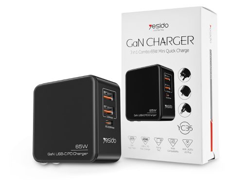 YESIDO hálózati töltő adapter 2xUSB + Type-C bemenettel - 65W - YESIDO YC35 3in1 GaN Charger PD + QC3.0 - fekete